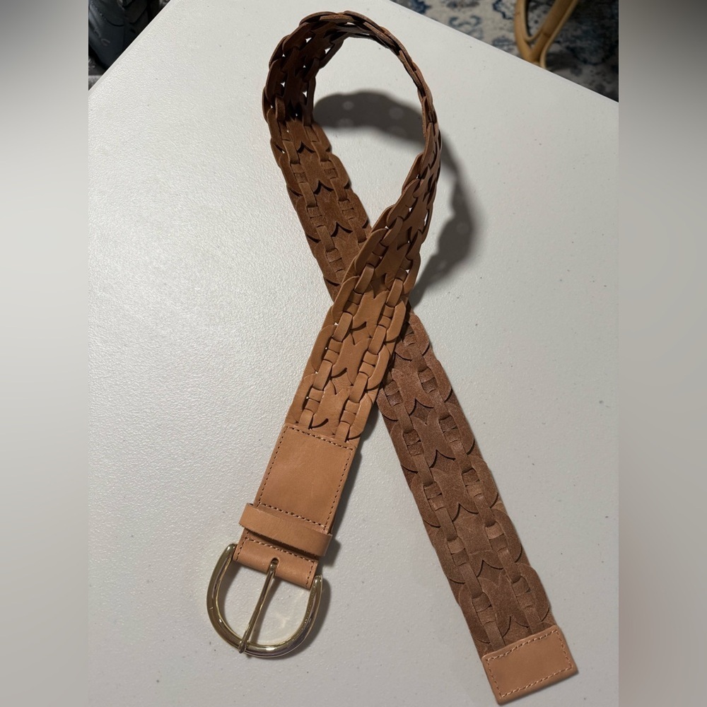 B-Low the Belt Tan Woven Belt with Gold Buckle Size Small/Medium